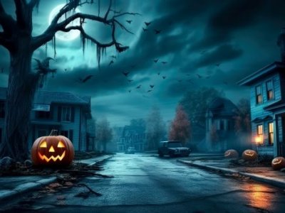 A dark, eerie street surrounded by houses. One window is lit up from the inside. A pumpkin carved with a spooky face in the bottom left 